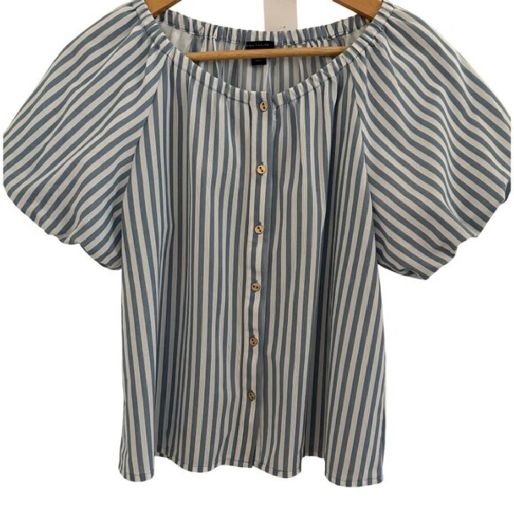 Ann Taylor Striped Blue & White Puff Sleeve Top Size XS Peasant Coastal Travel